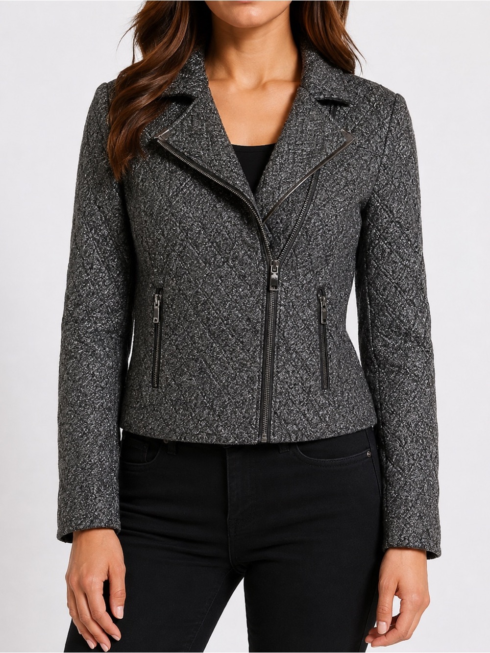 Anne Klein Women’s XS Metallic Silver Textured Moto Jacket Zip Front